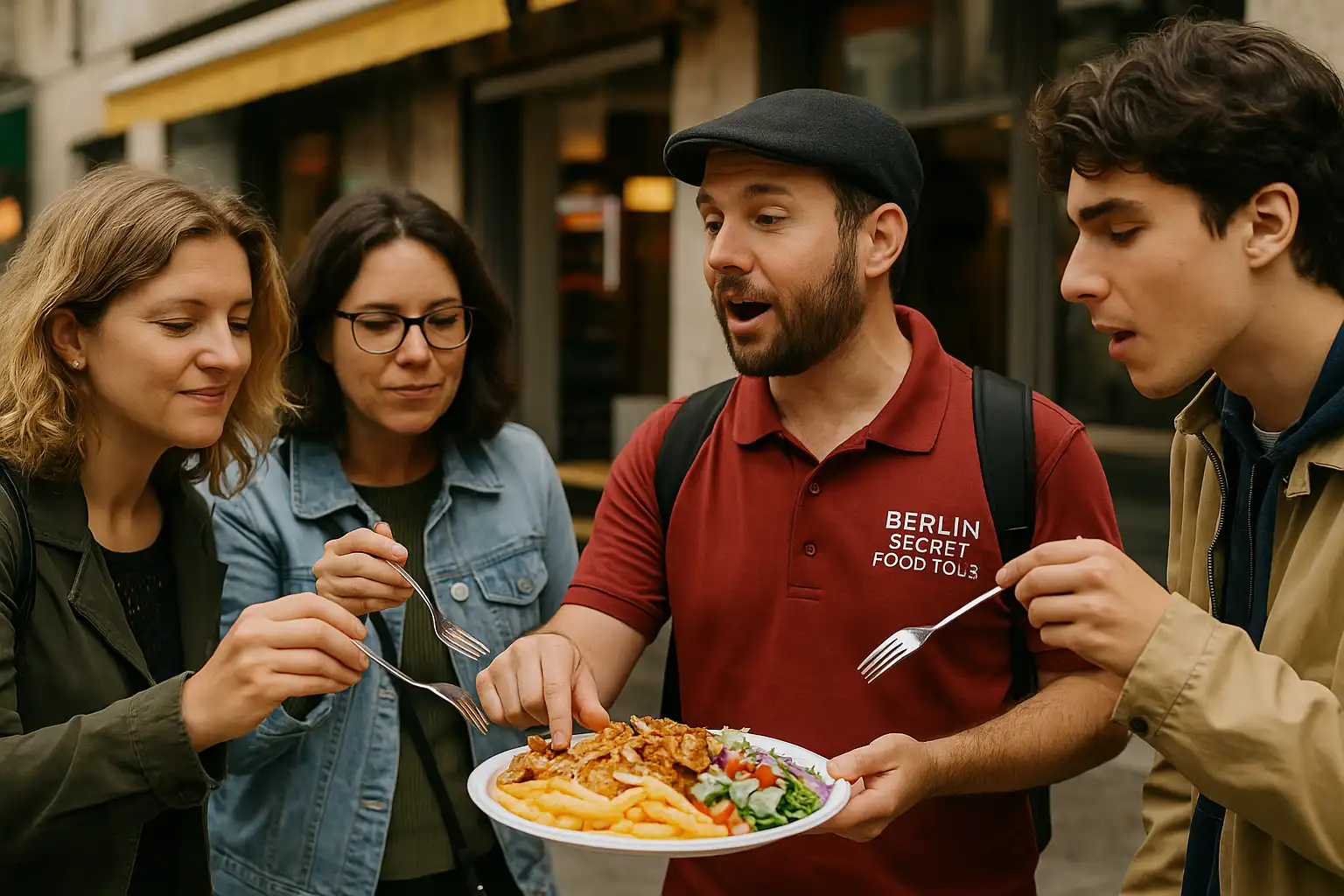 Berlin Secret Food Tour Group on a Berlin Secret Food Tour enjoying Berlin specialties