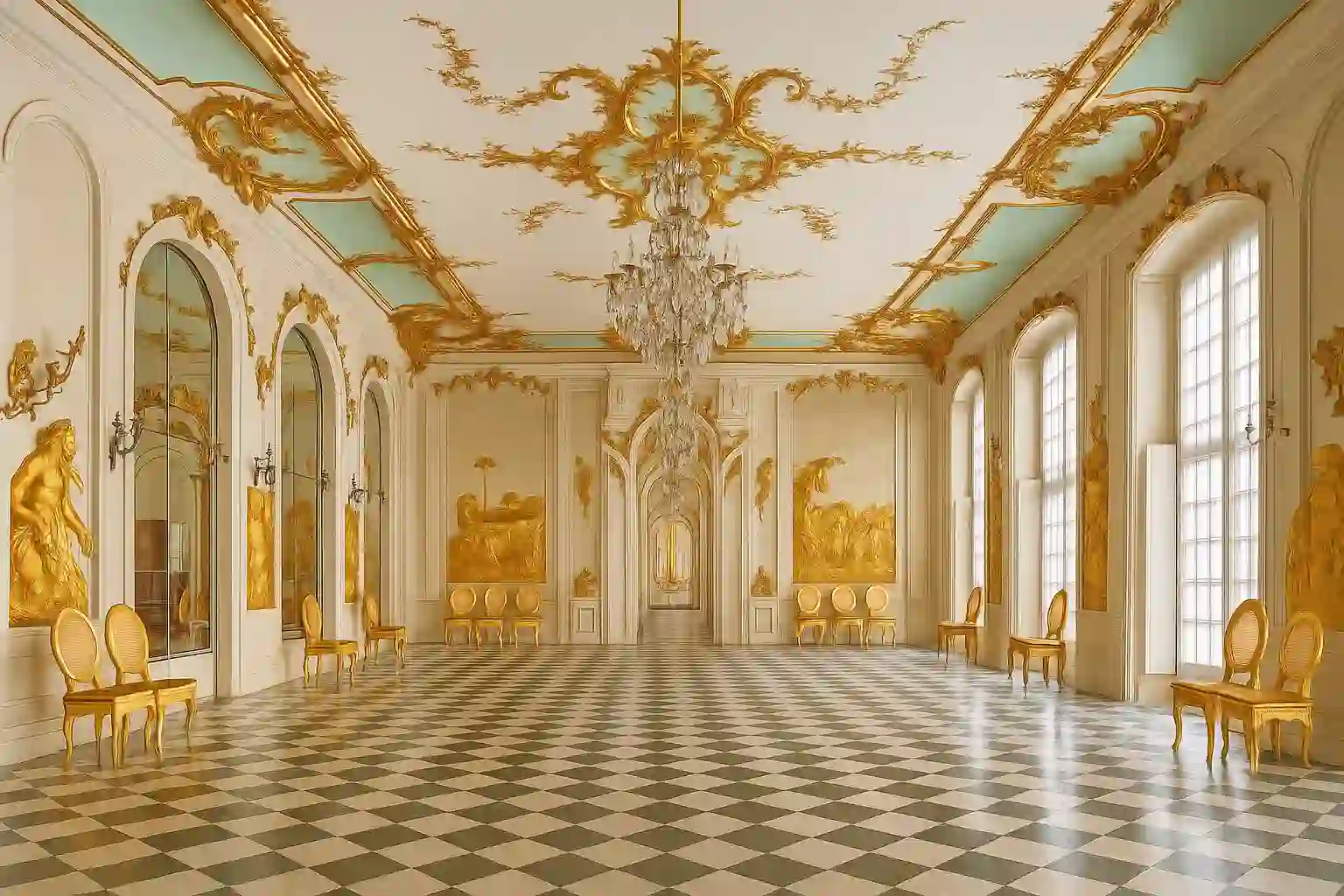 Sanssouci Palace interior – Rococo Marble Hall with gilded stucco, mirrors and chandeliers