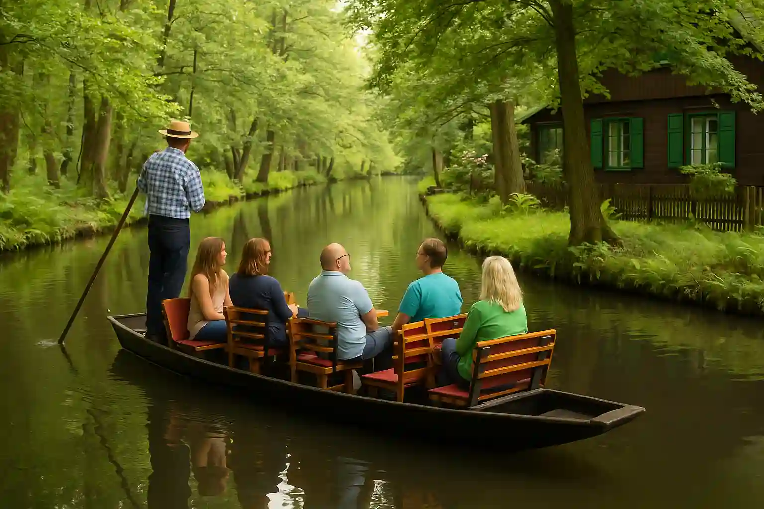 Spreewald Day Trip from Berlin – Fairy-Tale Forests & Canals Traditional wooden punt gliding through the green canals of the Spreewald