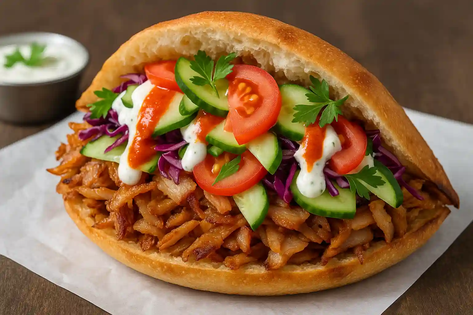 Typical Berlin döner kebab in pita with fresh salad and sauces