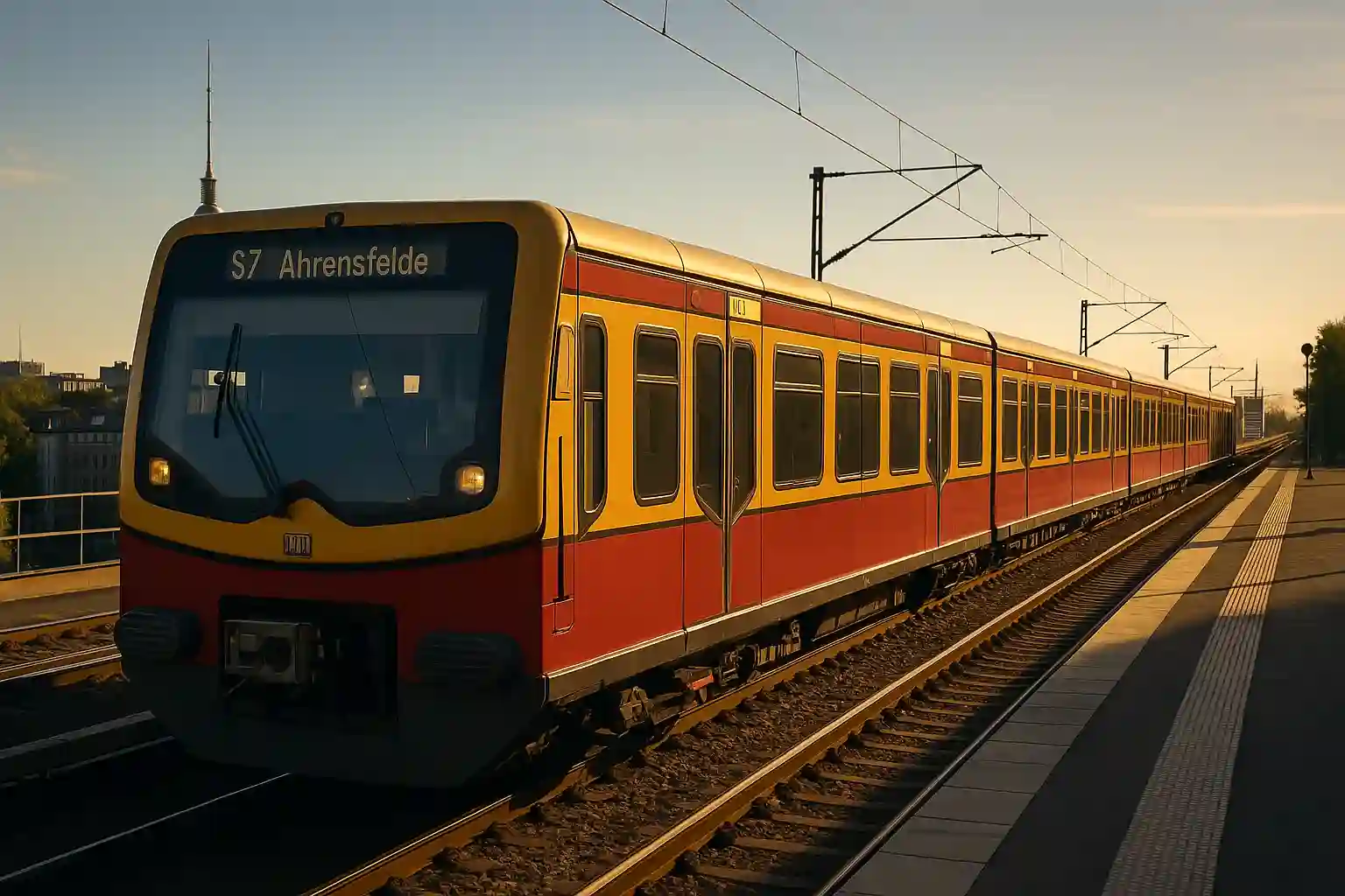 Berlin S-Bahn train crossing the city with its yellow-red design
