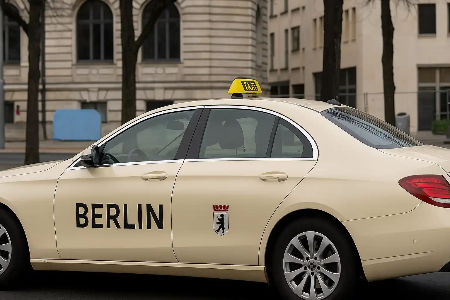 Cream-colored Berlin taxi waiting at a central street