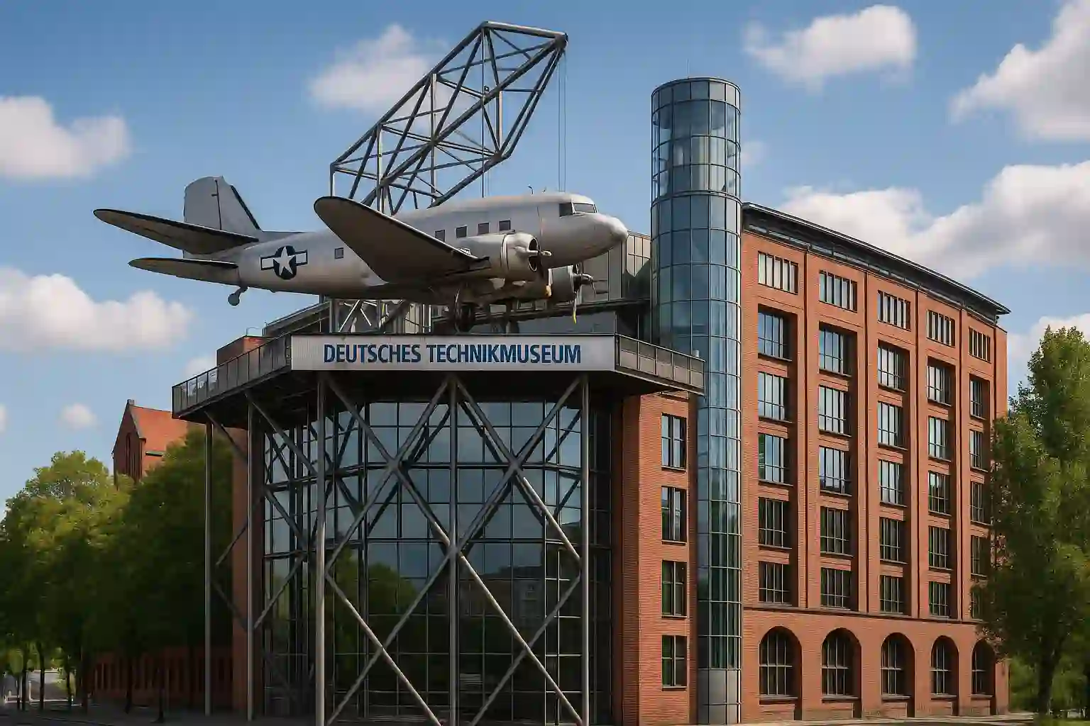 Deutsches Technikmuseum Berlin – rooftop Douglas C-47 above the glass-and-brick façade