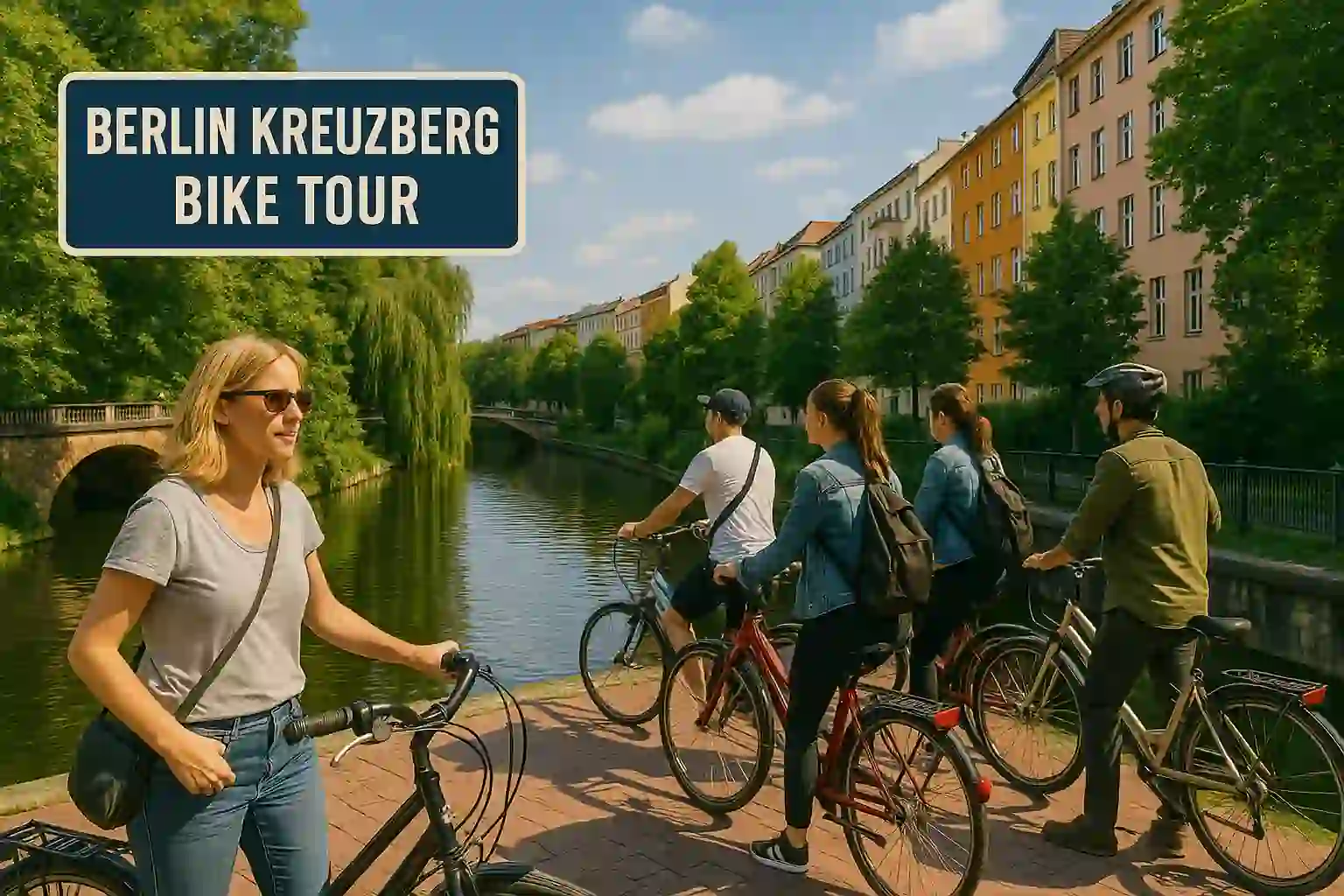 Cyclists exploring Berlin's alternative Kreuzberg district with street art and urban culture