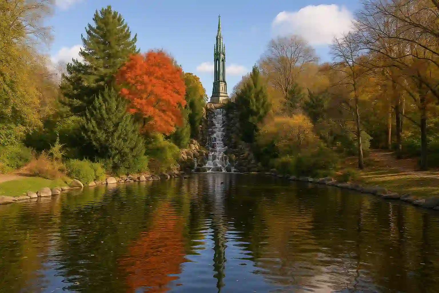 Viktoriapark Berlin – waterfall and Kreuzberg hill panorama