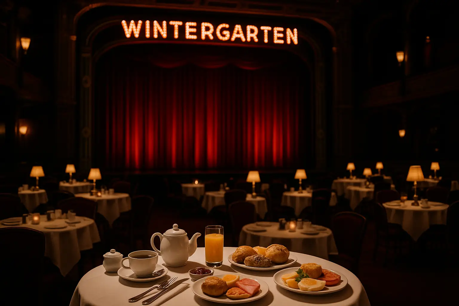Elegant breakfast setting at Wintergarten Berlin with theatrical atmosphere and chandeliers
