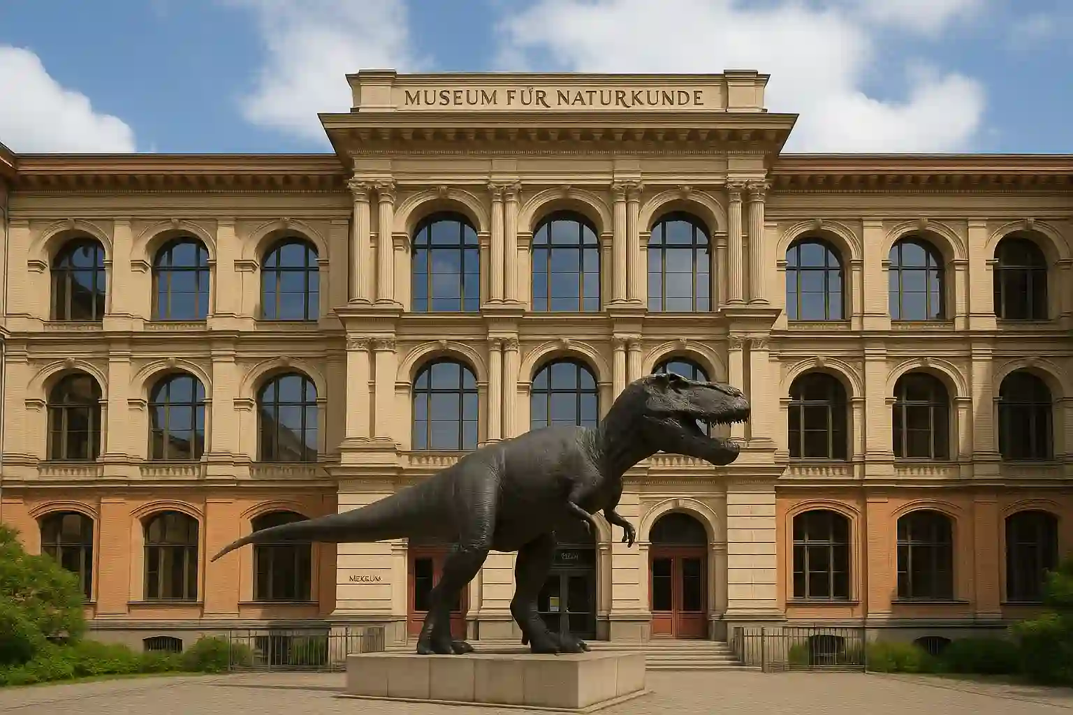 Towering Brachiosaurus skeleton at Berlin's Natural History Museum under glass dome